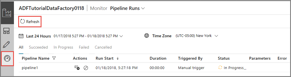 Screenshot that shows pipeline runs