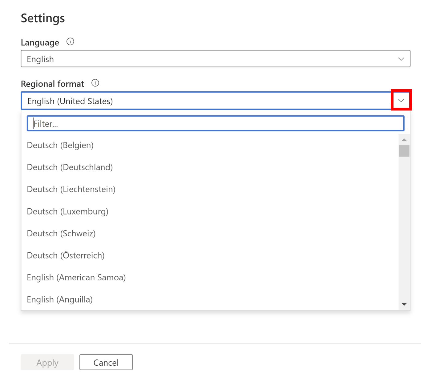 Cuplikan layar daftar drop-down format regional yang dapat dipilih pengguna. 