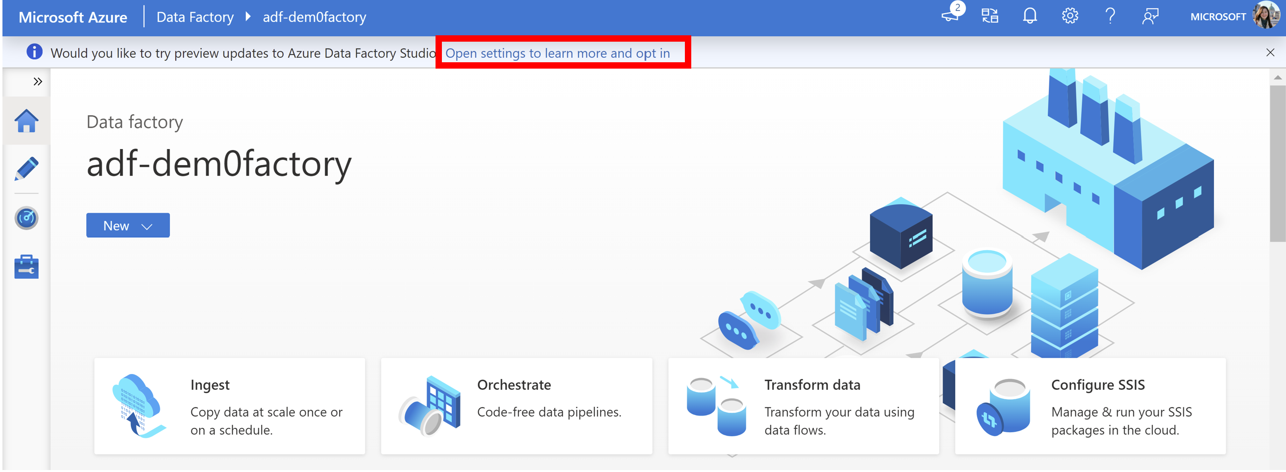 Cuplikan layar beranda Azure Data Factory dengan opsi Ikut Serta dalam banner di bagian atas layar.