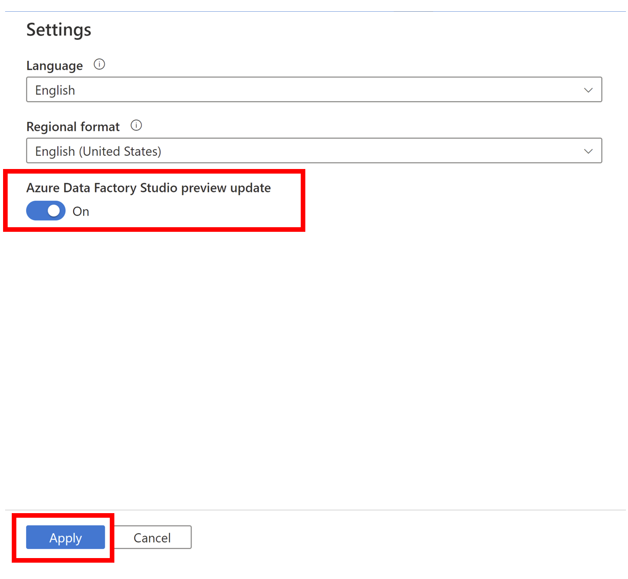 Cuplikan layar panel Pengaturan yang menampilkan pembaruan pratinjau Studio Azure Data Factory yang diaktifkan dan tombol Terapkan di pojok kiri bawah.