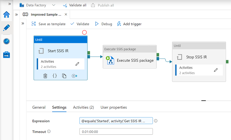 Screenshot that shows web activities to start and stop an SSIS IR.