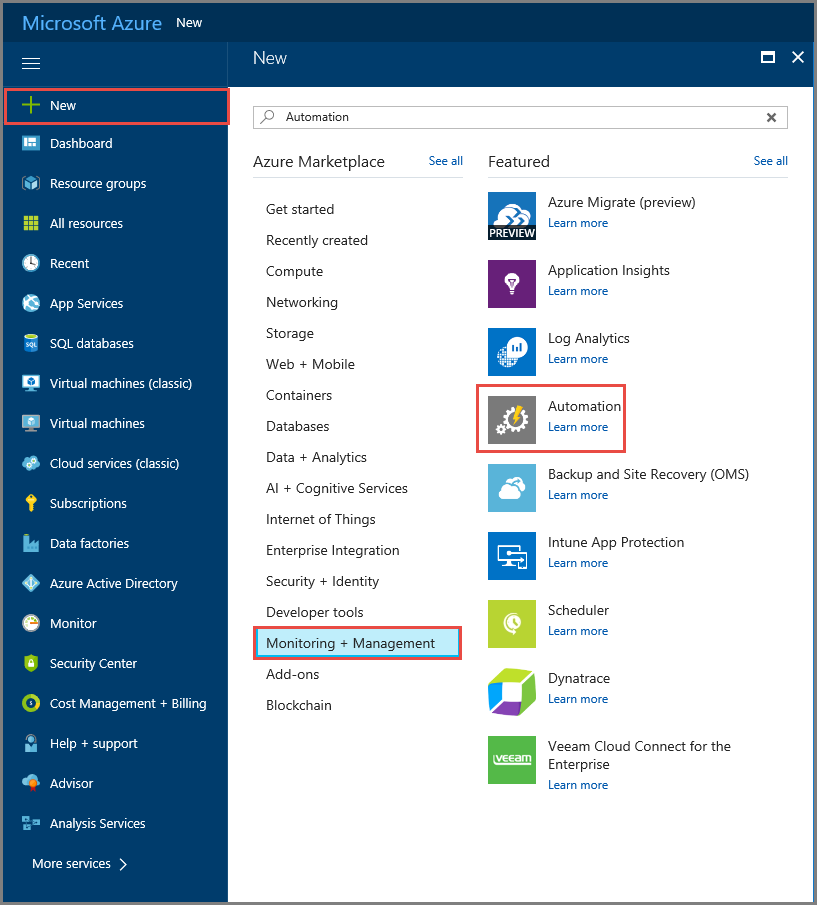 Screenshot that shows selections for opening Azure Automation in Azure Marketplace.