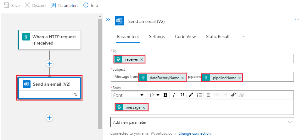 Memperlihatkan perancang alur kerja untuk tindakan Kirim email (V2).