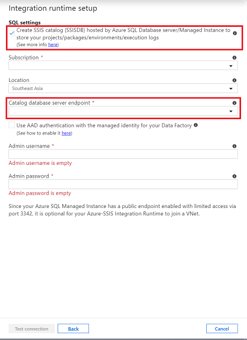 Cuplikan layar memperlihatkan penyetelan integrasi runtime dengan Buat katalog SSIS dipilih dan titik akhir server basis data katalog telah dimasukkan.