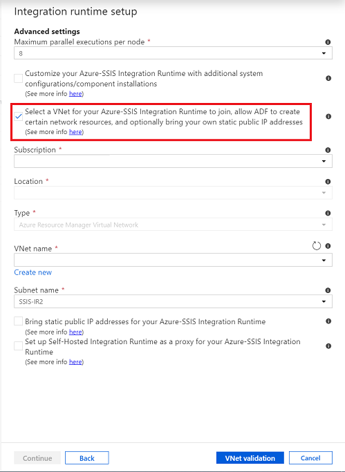 Cuplikan layar memperlihatkan pengaturan Tingkat lanjut penyetelan runtime integrasi, di mana Anda dapat memilih jaringan virtual untuk menggabungkan runtime integrasi Anda.