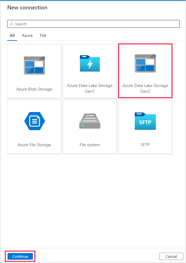 Cuplikan layar yang memperlihatkan halaman pemilihan koneksi Azure Data Lake Storage Gen2.