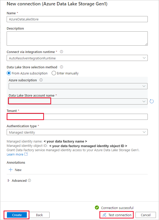 Cuplikan layar yang memperlihatkan konfigurasi koneksi Azure Data Lake Storage Gen1.