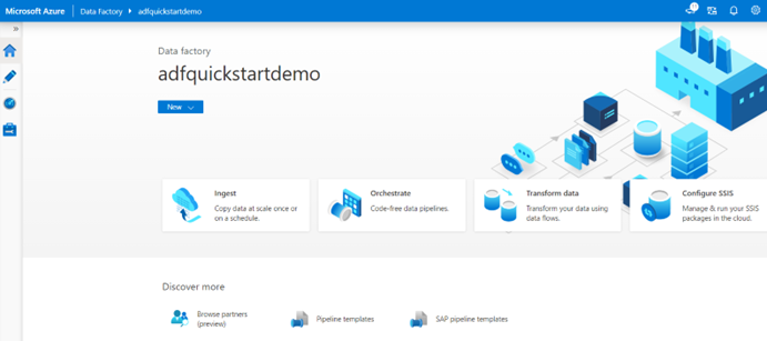 Menampilkan cuplikan layar halaman beranda Azure Data Factory Studio.