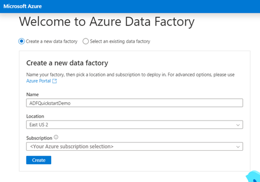 Menampilkan cuplikan layar halaman Studio Azure Data Factory untuk membuat pabrik data baru.