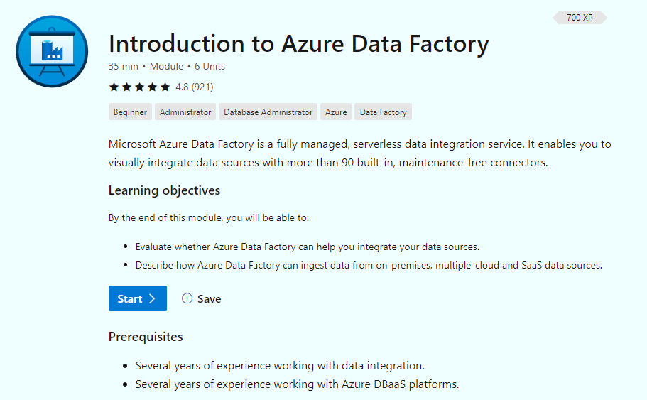 Screenshot that shows the start page for the Introduction to Azure Data Factory module.