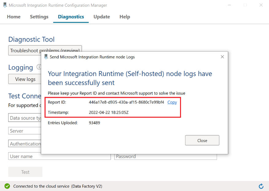 Cuplikan layar konfirmasi log diagnostik runtime integrasi yang dihost sendiri dengan ID Laporan dan Stempel Waktu disorot.