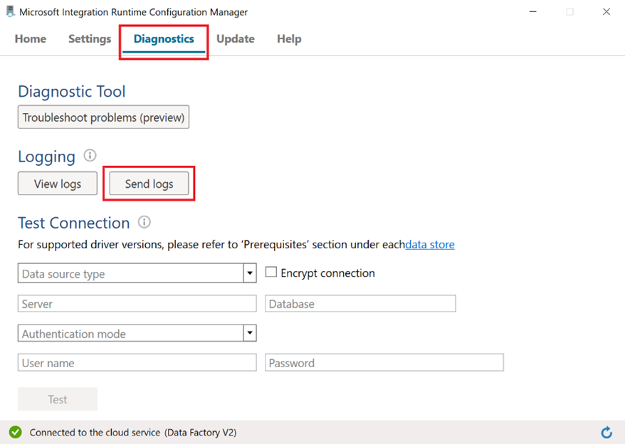 Cuplikan layar tab Diagnostik Configuration Manager Integration Runtime, dengan Kirim log disorot.