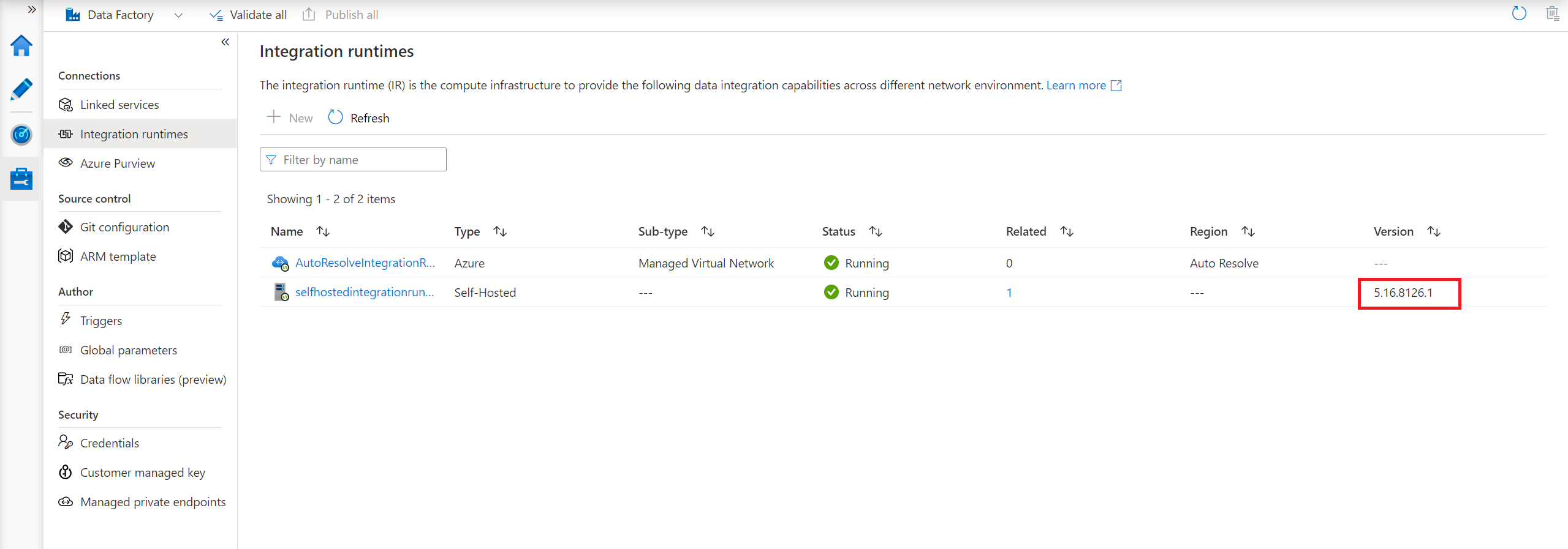 Cuplikan layar yang memperlihatkan versi di portal pabrik data Azure.