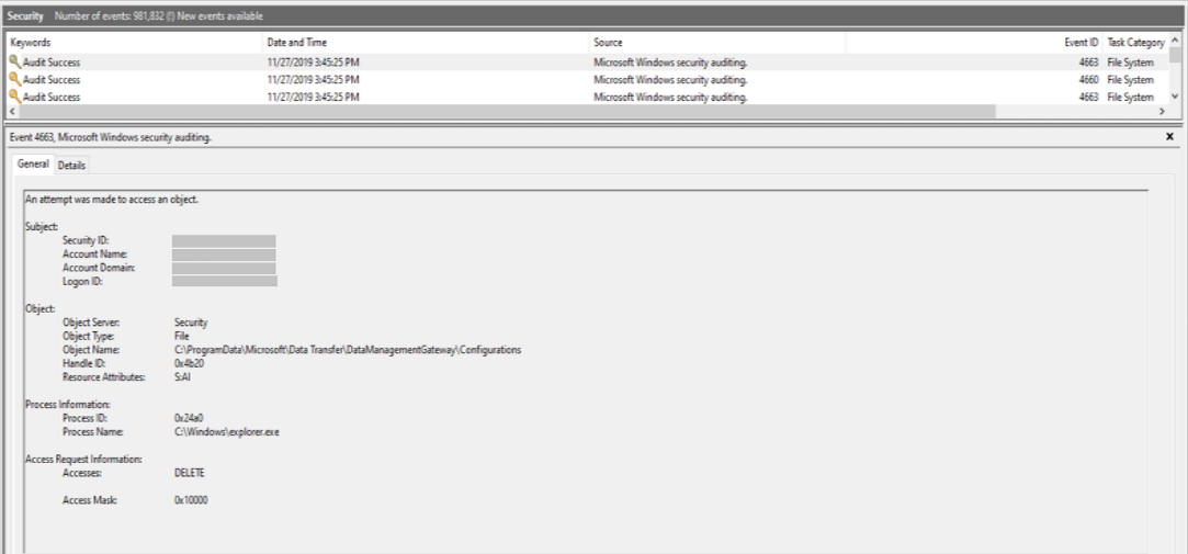 Cuplikan layar panel detail log kejadian untuk memeriksa file Konfigurasi.