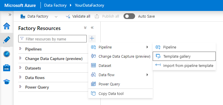 Cuplikan layar memperlihatkan cara membuka galeri Templat dari tab Penulis Azure Data Factory Studio.