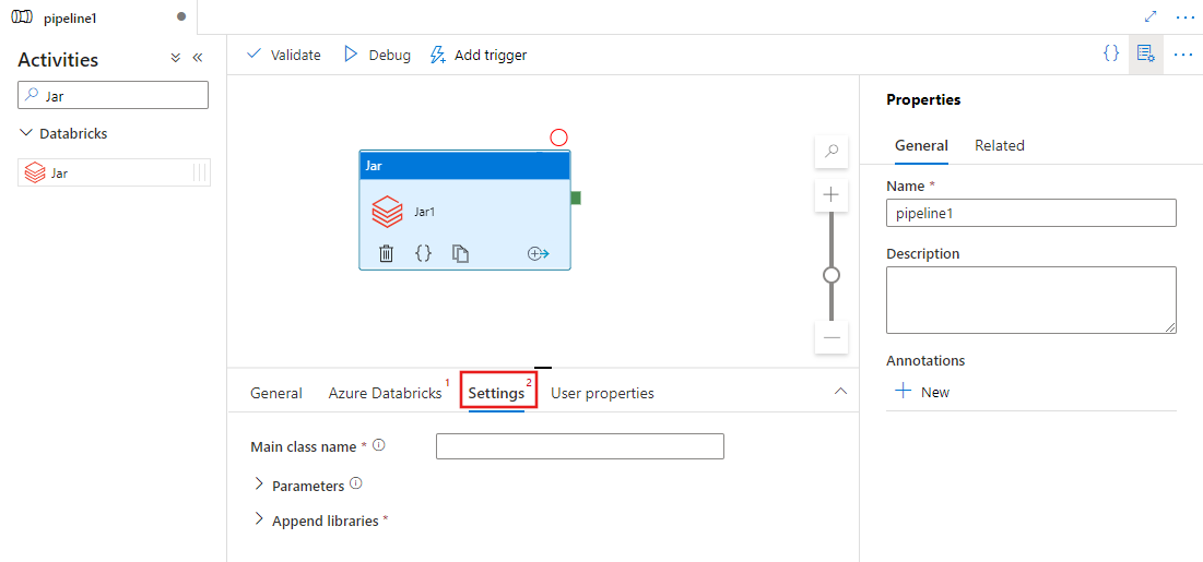 Memperlihatkan UI untuk tab Pengaturan untuk aktivitas Jar.