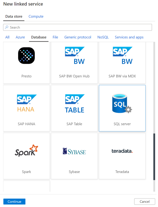 Cuplikan layar yang memperlihatkan daftar pembuatan layanan tertaut.