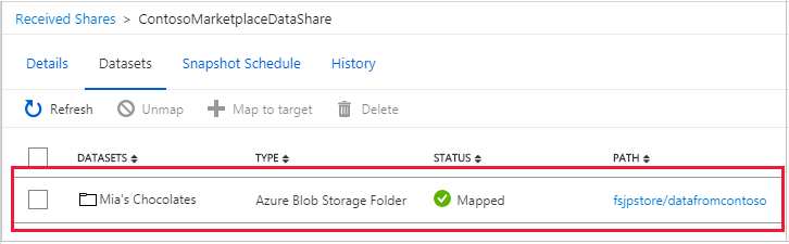 Cuplikan layar tab himpunan data memperlihatkan himpunan data yang berhasil dipilih.