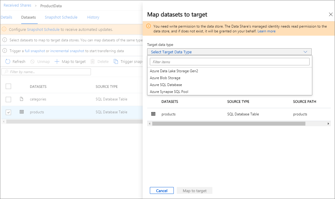 Cuplikan layar himpunan data peta ke jendela target, memperlihatkan target yang tersedia di menu dropdown.