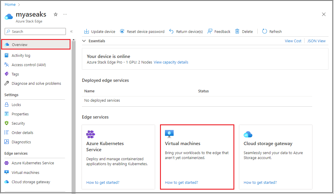 Cuplikan layar yang memperlihatkan petak peta Komputer virtual di halaman Gambaran Umum Azure Stack Edge dari portal Azure.