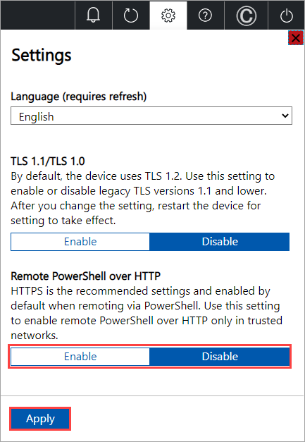 Cuplikan layar memperlihatkan Aktifkan PowerShell jarak jauh melalui pengaturan HTTP.