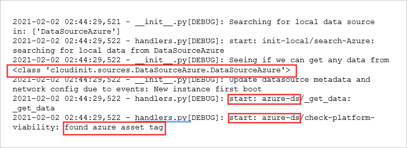 Ilustrasi entri log cloud-init untuk gambar VM dengan Sumber Data diatur ke Azure. Teks identifikasi disorot.