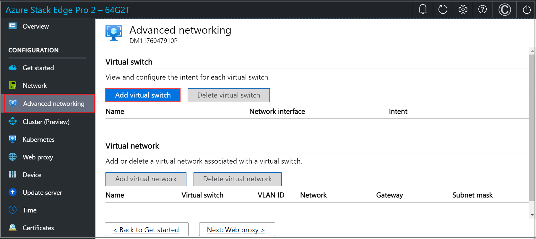 Cuplikan layar halaman Jaringan tingkat lanjut di antarmuka pengguna web lokal perangkat Azure Stack Edge. Tombol Tambahkan sakelar virtual disorot.