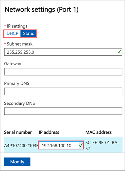 Cuplikan layar pengaturan Jaringan Port 1 di antarmuka pengguna web lokal perangkat Azure Stack Edge.
