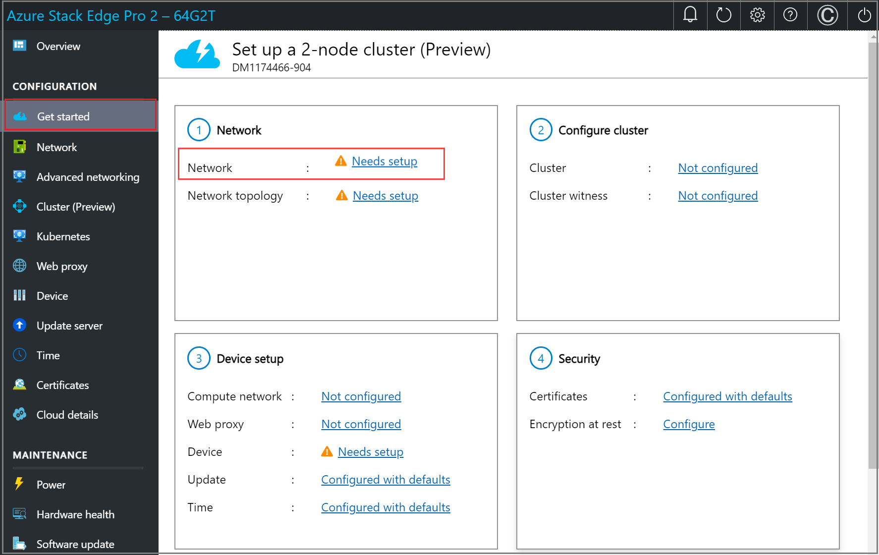 Cuplikan layar halaman Memulai di antarmuka pengguna web lokal perangkat Azure Stack Edge. Penyetelan Kebutuhan disorot pada petak peta Jaringan.