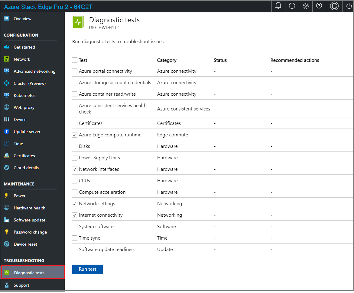 Cuplikan layar halaman Pengujian diagnostik di antarmuka pengguna web lokal perangkat Azure Stack Edge.