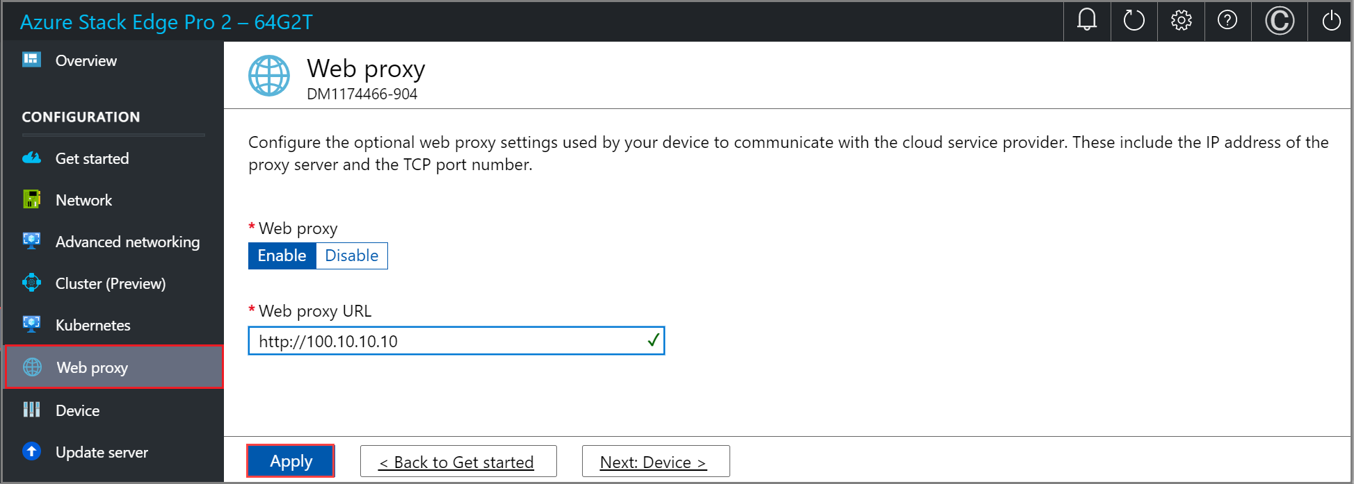 Cuplikan layar halaman proksi Web di antarmuka pengguna web lokal perangkat Azure Stack Edge. Tombol Terapkan disorot.