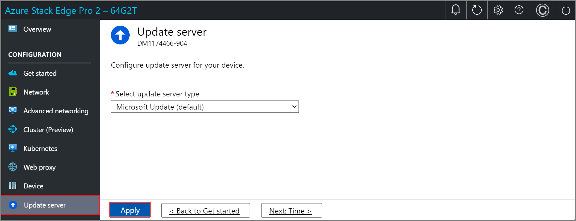 Cuplikan layar halaman Perbarui server dengan server pembaruan Microsoft yang dikonfigurasi di antarmuka pengguna web lokal perangkat Azure Stack Edge. Tombol Terapkan disorot.