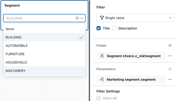 Filter widget yang dikonfigurasi dengan bidang, seperti yang dijelaskan.