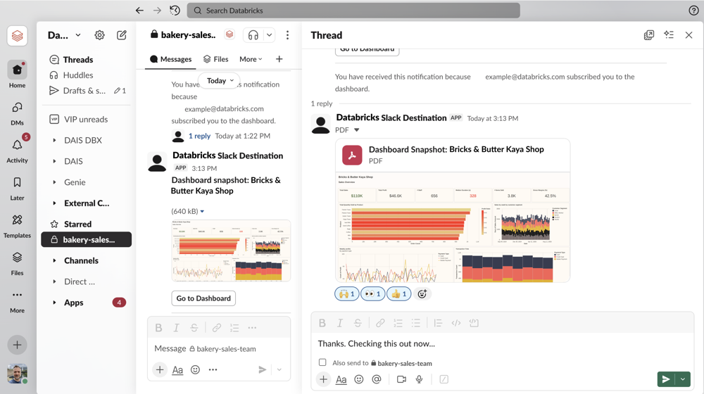 Contoh pemberitahuan Slack yang memperlihatkan rekam jepret dasbor