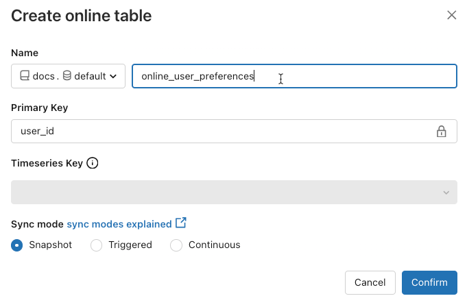 mengonfigurasi dialog tabel online