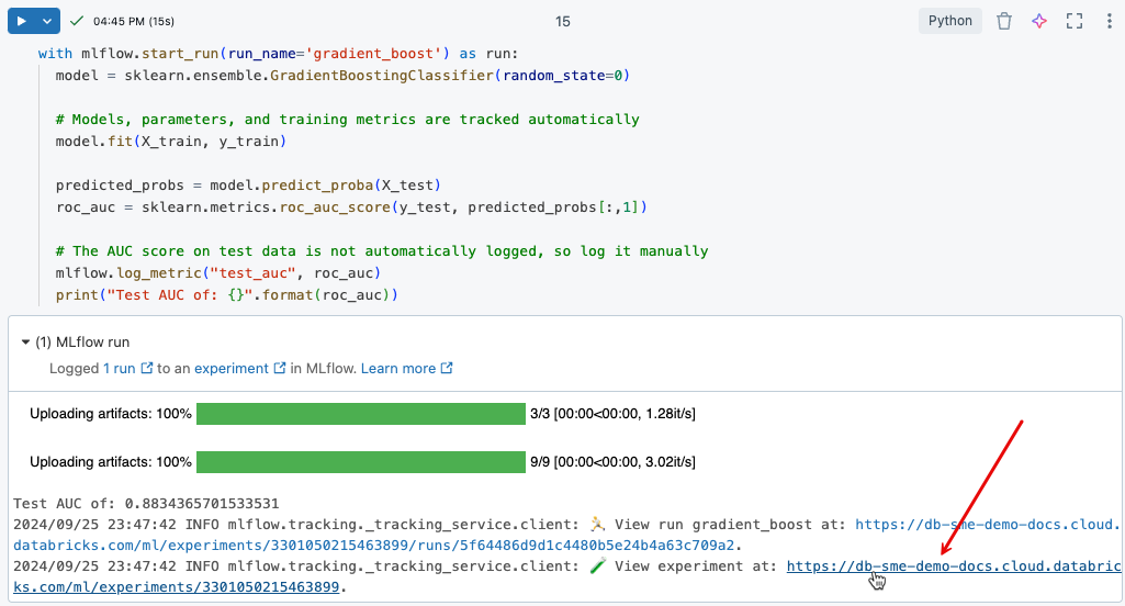 Tautkan ke eksperimen dalam hasil sel.