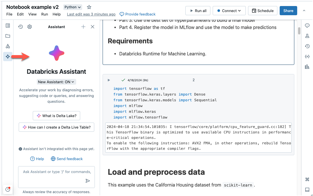 Ikon asisten Databricks dan lokasi panel