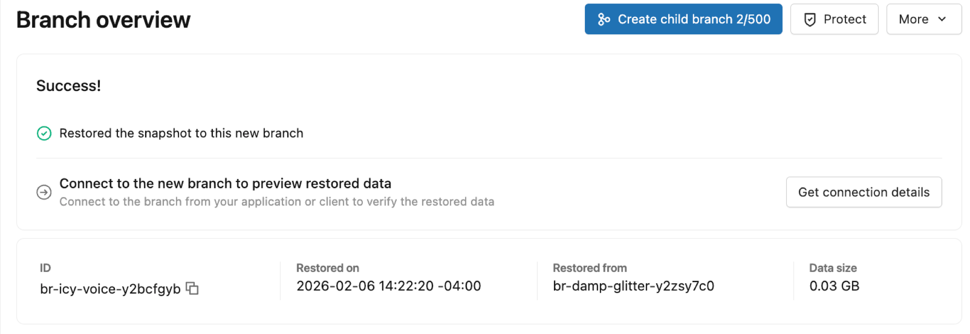 Ikhtisar cabang setelah mengembalikan dari snapshot