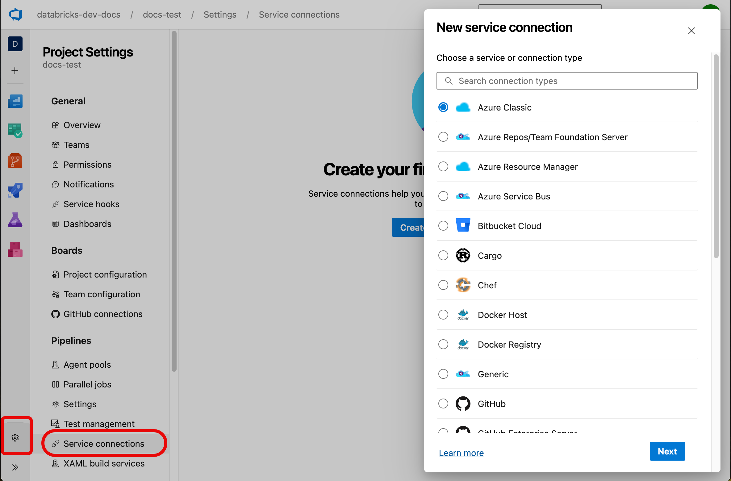 Pilih Koneksi layanan di bawah Pengaturan proyek di Azure DevOps