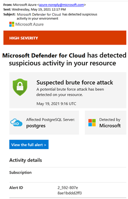 Pemberitahuan email Defender for Cloud tentang dugaan serangan brute force.