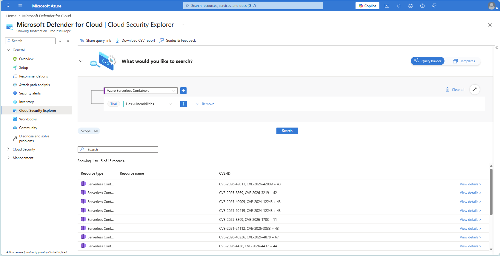 Cuplikan layar memperlihatkan tampilan kueri Cloud Security Explorer dengan filter dan hasil kueri untuk temuan postur kontainer tanpa server.