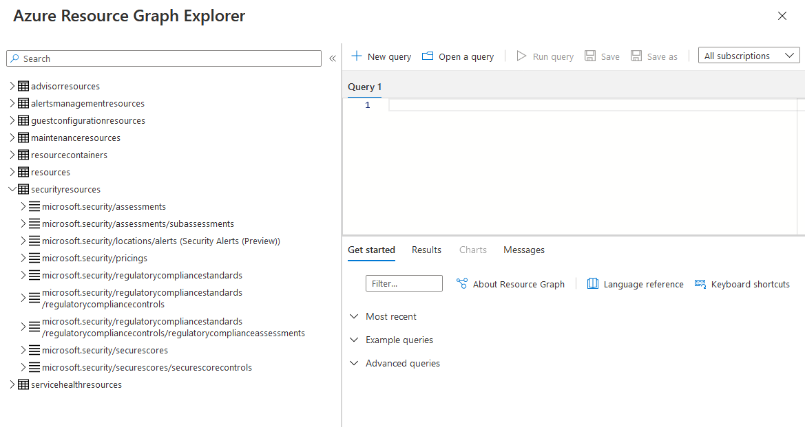 Azure Resource Graph Explorer dan tabel yang tersedia.