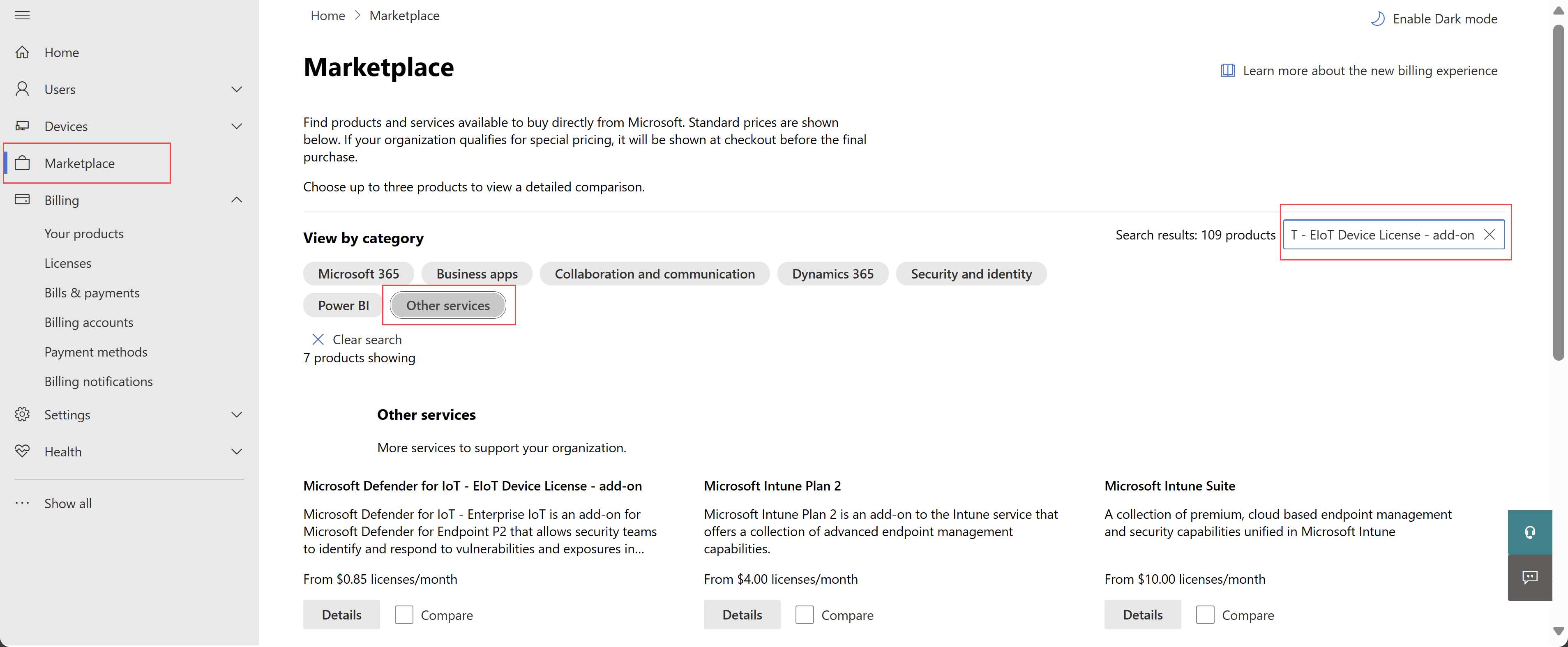 Cuplikan layar hasil pencarian Marketplace untuk Lisensi Perangkat EIoT.