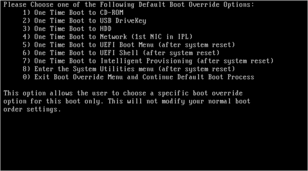 Cuplikan layar yang memperlihatkan jendela Boot Override detik.