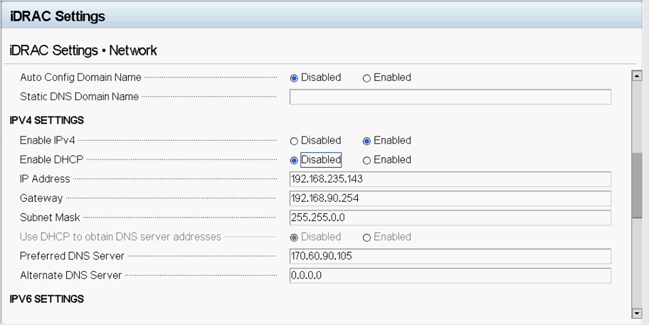 Cuplikan layar yang memperlihatkan subnet mask statis di pengaturan iDRAC.