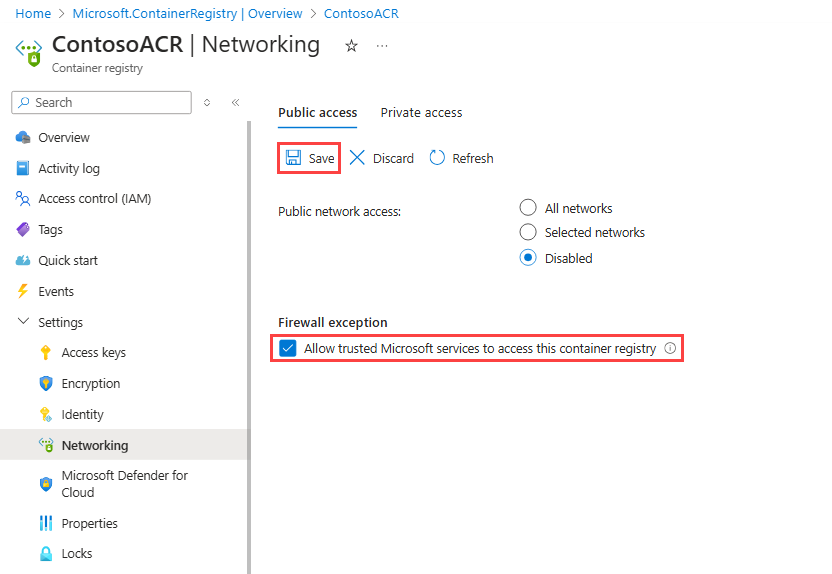 Cuplikan layar pengaturan jaringan ACR, dengan Izinkan layanan Microsoft tepercaya untuk mengakses registri kontainer ini dan Simpan disorot.