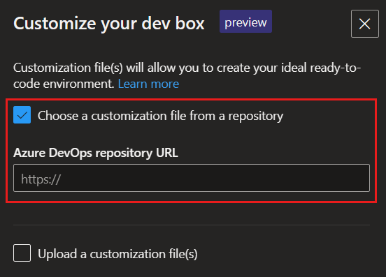 Cuplikan layar memperlihatkan halaman Kustomisasi kotak dev Anda dengan Pilih file kustomisasi dari repositori dan URL repositori Azure DevOps.