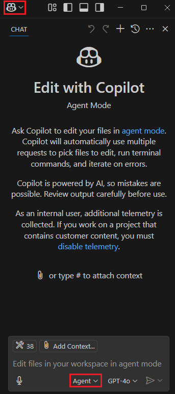 Cuplikan layar yang memperlihatkan panel obrolan GitHub Copilot.