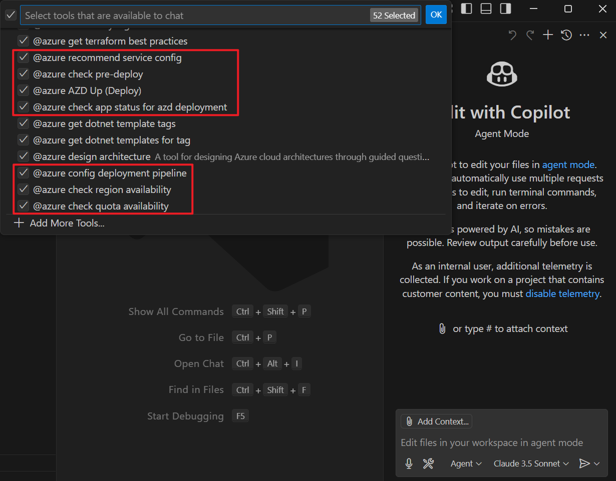Cuplikan layar GitHub Copilot yang dipilih untuk alat Azure.