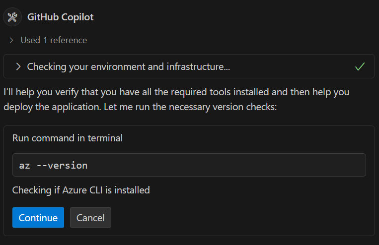 Cuplikan layar panel obrolan GitHub Copilot memeriksa dependensi sebelum menjalankan azd up.